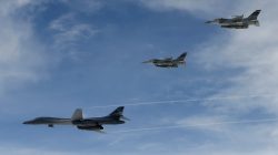 U.S. B-1B Lancer flies over South Korea during a joint live-fire drill in this handout picture provided by South Korean Air Force and relased by Yonhap on July 8, 2017. South Korean Air Force/Yonhap via REUTERS