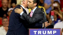 Donald Trump hugs his son Donald Trump Jr. at a campaign rally in St. Clairsville, Ohio June 28, 2016. REUTERS/Aaron Josefczyk