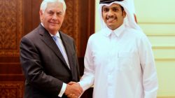 Qatar's foreign minister Sheikh Mohammed bin Abdulrahman al-Thani (R) shakes hands with U.S. Secretary of State Rex Tillerson following a joint news conference in Doha, Qatar, July 11, 2017. REUTERS/Naseem Zeitoon
