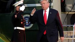 U.S. President Donald Trump salutes on the South Lawn of the White House upon his return to Washington, U.S., from the G20 Summit in Hamburg, July 8, 2017. REUTERS/Yuri Gripas