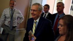 Senate Majority Leader Mitch McConnell speaks with reporters about the Senate health care bill on Capitol Hill in Washington, U.S., July 13, 2017. REUTERS/Aaron P. Bernstein