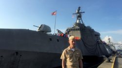Chief of U.S. Naval Operations Admiral John Richardson poses after speaking to reporters on the pier of the USS Coronado, a littoral combat ship, at the Changi Naval Base in Singapore, May 16, 2017. REUTERS/Himani Sarkar