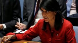 U.S. Ambassador to the United Nations Nikki Haley directs comments to the Russian delegation at the conclusion of a U.N. Security Council meeting to discuss the recent ballistic missile launch by North Korea at U.N. headquarters in New York.