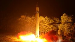 Intercontinental ballistic missile (ICBM) Hwasong-14 is pictured during its second test-fire in this undated picture provided by KCNA in Pyongyang on July 29, 2017. KCNA via Reuters