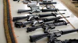 Combat seized weapons are display by Philippines army during a news conference, as government troops continue their assault against insurgents from the Maute group in Marawi city, Philippines July 4, 2017. REUTERS/Jorge Silva