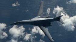 One of two U.S. Air Force B-1B Lancer bombers flies a 10-hour mission from Andersen Air Force Base, Guam, into Japanese airspace and over the Korean Peninsula,