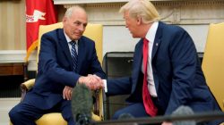 U.S. President Donald Trump shakes hands with John Kelly after he was sworn in as White House Chief of Staff in the Oval Office of the White House in Washington, U.S., July 31, 2017.