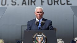 U.S. Vice President Mike Pence delivers a speech during a meeting with U.S. troops taking part in NATO led joint military exercises Noble Partner 2017 at the Vaziani military base near Tbilisi, Georgia August 1, 2017. REUTERS/Irakli Gedenidze