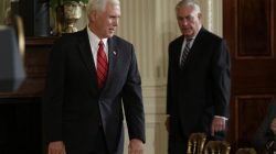 U.S. Vice President Mike Pence (L) arrives with Secretary of State Rex Tillerson (R) to attend a joint press conference held by U.S. President Donald Trump and Colombian President Juan Manuel Santos at the White House in Washington, U.S., May 18, 2017. REUTERS/Yuri Gripas