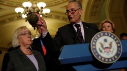 Senate Minority Leader Chuck Schumer, accompanied by Senator Patty Murray (D-WA) and Senator Debbie Stabenow (D-MI), speaks with reporters following the successful vote to open debate on a health care bill on Capitol Hill in Washington, U.S., July 25, 2017. REUTERS/Aaron P. Bernstein