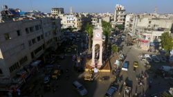 A general view taken with a drone shows the Clock Tower of the rebel-held Idlib city, Syria June 8, 2017. Picture taken June 8, 2017. REUTERS/Ammar Abdullah