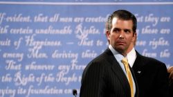 Donald Trump Jr. stands onstage with his father Republican U.S. presidential nominee Donald Trump after Trump's debate against Democratic nominee Hillary Clinton at Hofstra University in Hempstead, New York, U.S. September 26, 2016. REUTERS/Brian Snyder