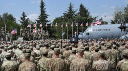 Vice President Mike Pence delivers a speech during a meeting with U.S. troops taking part in NATO led joint military exercises Noble Partner 2017 at the Vaziani military base near Tbilisi, Georgia. REUTERS/Irakli Gedenidze
