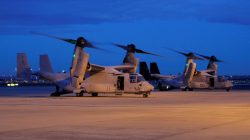 Two U.S. Marines MV-22 Osprey Aircraft sit on the apron of Sydney International Airport in Australia, June 29, 2017. Picture taken June 29, 2017.