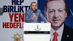 Turkish President Tayyip Erdogan speaks during a meeting of his ruling AK Party in Rize, Turkey, August 7, 2017. Picture taken August 7, 2017. The party banner in the background reads that: "Together with new targets". Murat Cetinmuhurdar/Presidential Palace/Handout via REUTERS
