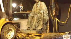The statue of former Supreme Court Chief Justice Roger B. Taney is seen on a flatbed trailer after it was removed from outside the Maryland State House in Annapolis, Maryland, U.S. early August 18, 2017 in this image obtained from social media. Courtesy @BeeprB/Handout via REUTERS