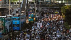 Demonstrators march in protest of the jailing of student leaders Joshua Wong, Nathan Law and Alex Chow, who were imprisoned for their participation of the 2014 pro-democracy Umbrella Movement, also known as "Occupy Central" protests, in Hong Kong China August 20, 2017. REUTERS/Tyrone Siu