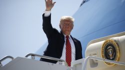 President Donald Trump waves to Marines as he departs Marine Corps Air Station Yuma in Yuma, Arizona. REUTERS/Joshua Roberts
