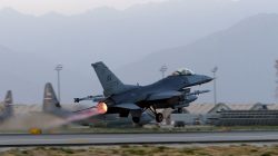 A U.S. Air Force F-16 Fighting Falcon aircraft takes off for a nighttime mission at Bagram Airfield, Afghanistan, August 22, 2017. REUTERS/Josh Smith