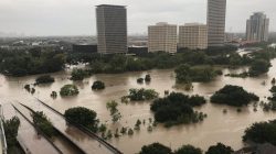 Flooded downtown is seen from a high rise along Buffalo Bayou after Hurricane Harvey inundated the Texas Gulf coast with rain causing widespread flooding, in Houston, Texas, U.S. August 27, 2017 in this picture obtained from social media.