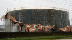 An oil tank damaged by Hurricane Harvey is seen near Seadrift, Texas, August 26, 2017