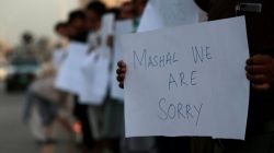 Protesters hold placards condemning the killing of university student Mashal Khan, after he was accused of blasphemy, during a protest in Islamabad, Pakistan April 18, 2017