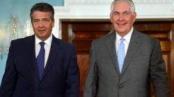 U.S. Secretary of State Rex Tillerson (R) and German Foreign Minister Sigmar Gabriel walk out to meet the press where Tillerson made a statement about the flooding in Houston, Texas, but declined questions, prior to a bilateral meeting, at the State Department, in Washington, U.S., August 29, 2017. REUTERS/Mike Theiler