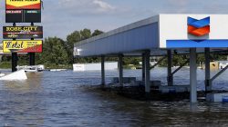 A gas station submerged under flood waters from Tropical Storm Harvey is seen in Rose City, Texas, U.S., on August 31, 2017.