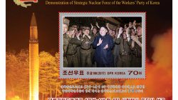 A new stamp issued in commemoration of the successful second test launch of the "Hwasong-14" intercontinental ballistic missile is seen in this undated photo released by North Korea's Korean Central News Agency (KCNA) in Pyongyang on August 31, 2017.