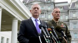 Secretary of Defense James Mattis (L) makes a statement outside the West Wing of the White House in response to North Korea's latest nuclear testing, as Chairman of the Joint Chiefs of Staff Gen. Joseph Dunford listens, in Washington, U.S., September 3, 2017