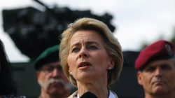 FILE PHOTO: German Defence Minister Ursula von der Leyen speaks as she visits soldiers at the Bavarian Saaleck barracks, a site of a multi-national U.N. training ground, in Hammelburg, Germany, July 24, 2017. REUTERS/Kai Pfaffenbach