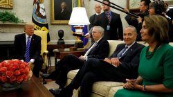 FILE PHOTO: President Trump meets with Senate Majority Leader Mitch McConnell, Senate Democratic Leader Chuck Schumer, House Minority Leader Nancy Pelosi and other congressional leaders in the Oval Office of the White House. REUTERS/Kevin Lamarque