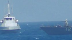 An Iranian vessel steers close to the U.S. Navy coastal patrol craft USS Thunderbolt (R) in the Gulf in a still image from video provided by the U.S. Navy July 25, 2017. U.S. Navy/Handout via REUTERS