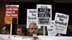Demonstrators gather outside the Grenfell Tower public Inquiry in central London, Britain, September 14, 2017. REUTERS/Mary Turner