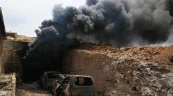 Smoke rises from an emergency service point after an airstrike at the rebel-held village of Maar Zita in Idlib province, Syria April 27, 2017. REUTERS/Ammar Abdullah