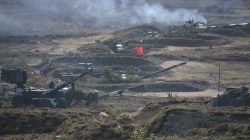 A view shows turrets of armoured vehicles during the Zapad-2017 war games.