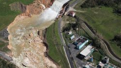 An aerial view shows the damage to the Guajataca dam.