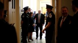 U.S. Senator John McCain (R-AZ) (C) departs after the weekly Republican caucus policy luncheon at the U.S. Capitol in Washington, U.S. September 19, 2017. REUTERS/Jonathan Ernst