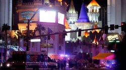 Las Vegas Metro Police and medical workers stage in the intersection of Tropicana Avenue and Las Vegas Boulevard South after a mass shooting at a music festival on the Las Vegas Strip in Las Vegas, Nevada, U.S. October 1, 2017.