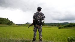 A Myanmar soldier stands near Maungdaw, north of Rakhine state, Myanmar September 27, 2017. REUTERS/Soe Zeya Tun