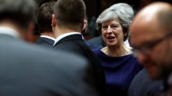 Britain's Prime Minister Theresa May (C) attends the EU summit in Brussels, Belgium October 19, 2017. REUTERS/Yves Herman