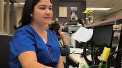 Registered nurse Kara Salonga, pictured at nursing station at the West Virginia University Hospitals in Morgantown, West Virginia, U.S., September 6, 2017. Picture taken September 6, 2017. REUTERS/Mike Wood
