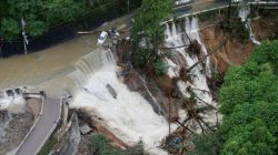 A collapsed road is seen following torrential rain caused by typhoon Lan in Kishiwada, Japan in this photo taken by Kyodo on October 23, 2017. Mandatory credit Kyodo/via REUTERS