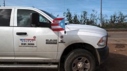 A pick up from Montana-based Whitefish Energy Holdings is parked as workers (not pictured) help fix the island's power grid, damaged during Hurricane Maria in September, in Manati, Puerto Rico October 25, 2017. REUTERS/Alvin Baez