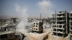 Smoke rises at a damaged site in Ain Tarma, eastern Damascus suburb of Ghouta, Syria, September 14, 2017.