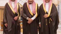 Saudi King Salman bin Abdulaziz Al Saud poses for a photo with National Guard Minister Khaled bin Ayyaf and Economy Minister Mohammed al-Tuwaijri during a swearing-in ceremony in Riyadh, Saudi Arabia, November 6, 2017. Saudi Press