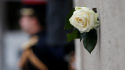 A white rose hangs near a commemorative plaque facing the 'Le Carillon' bar and 'Le Petit Cambodge' during a ceremony marking the second anniversary of the Paris attacks of November 2015 in which 130 people were killed, in Paris, France, November 13, 2017.
