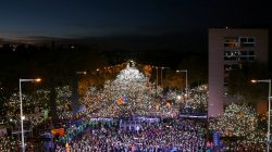 Protesters hold the lights of their mobile phones during a demonstration called by pro-independence associations asking for the release of jailed Catalan activists and leaders, in Barcelona, Spain, November 11, 2017.