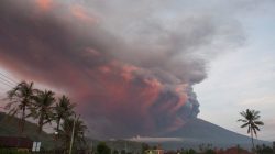 Mount Agung volcano erupts as seen from Culik Village, Karangasem, Bali,
