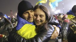 A recently exchanged prisoner of war (POW) from the Ukrainian armed forces is embraced upon his arrival at Boryspil International airport outside Kiev, Ukraine December 28, 2017.